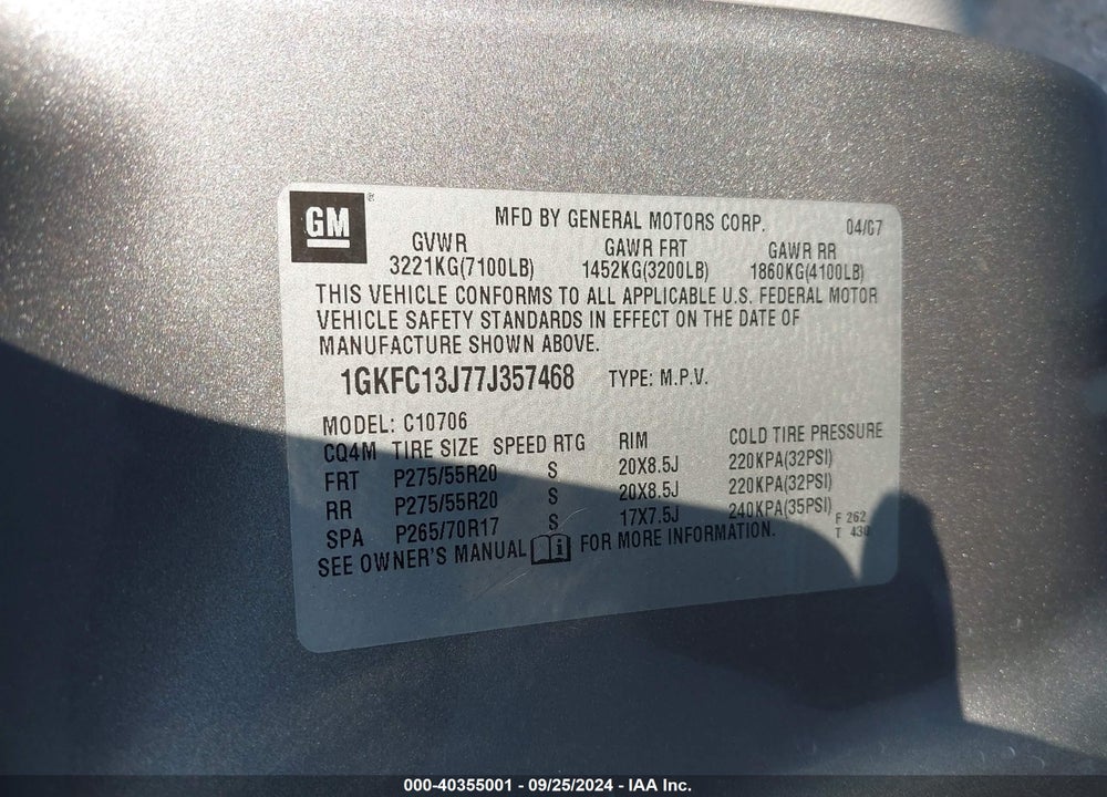 2007 GMC YUKON SLT VIN: 1GKFC13J77J357468