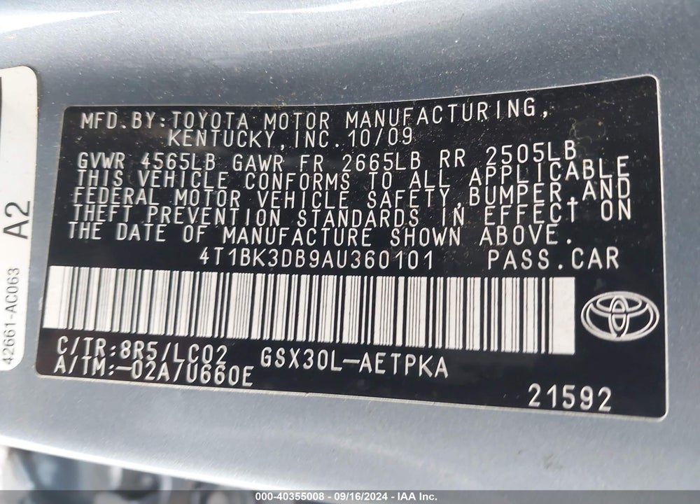 2010 TOYOTA AVALON LIMITED VIN: 4T1BK3DB9AU360101