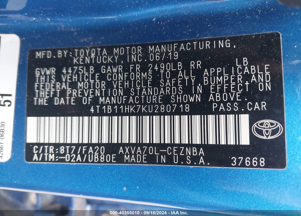 2019 TOYOTA CAMRY LE VIN: 4T1B11HK7KU280718