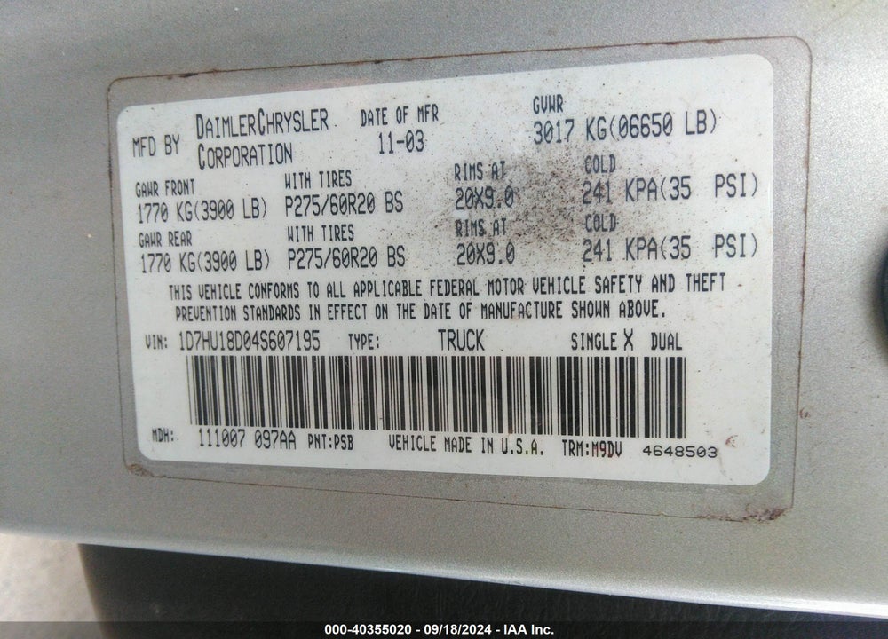 2004 DODGE RAM 1500 SLT/LARAMIE VIN: 1D7HU18D04S607195