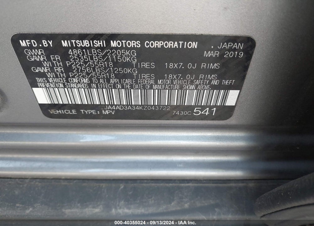 2019 MITSUBISHI OUTLANDER SE VIN: JA4AD3A34KZ043722