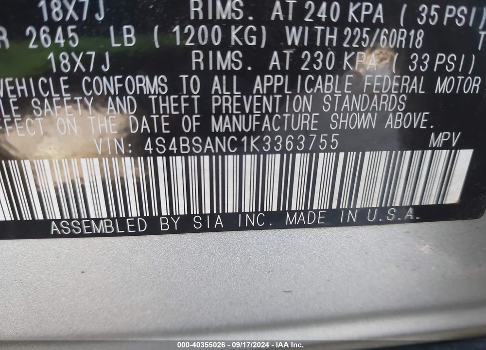2019 SUBARU OUTBACK 2.5I LIMITED VIN: 4S4BSANC1K3363755