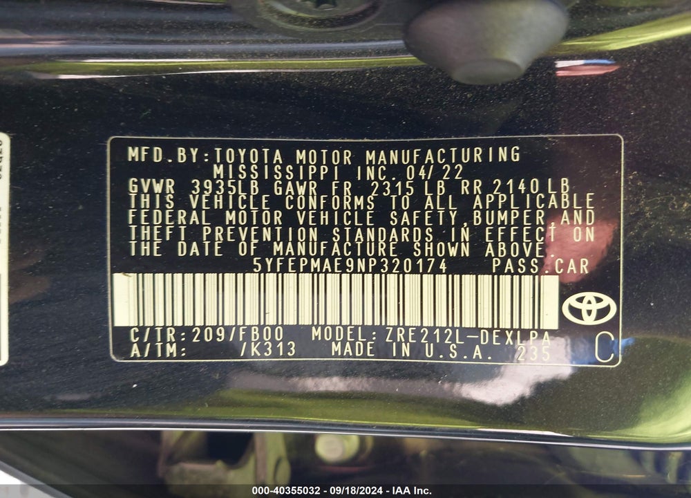 2022 TOYOTA COROLLA LE VIN: 5YFEPMAE9NP320174