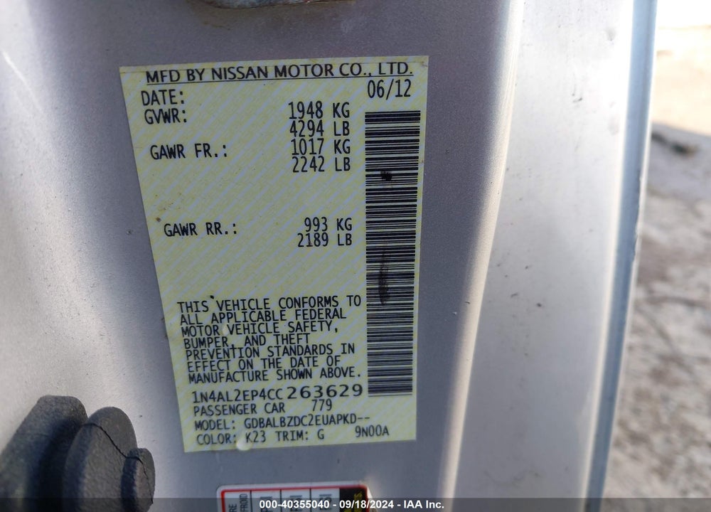 2012 NISSAN ALTIMA 2.5 S VIN: 1N4AL2EP4CC263629