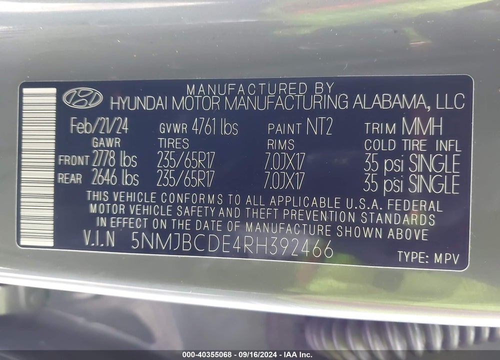 2024 HYUNDAI TUCSON SEL VIN: 5NMJBCDE4RH392466