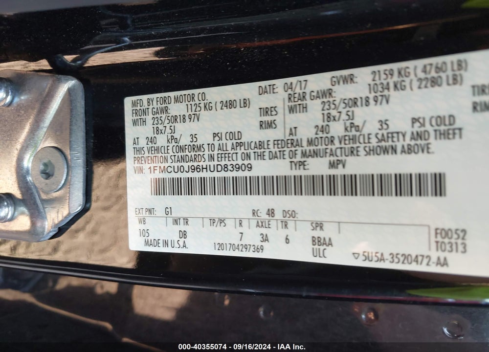 2017 FORD ESCAPE TITANIUM VIN: 1FMCU0J96HUD83909
