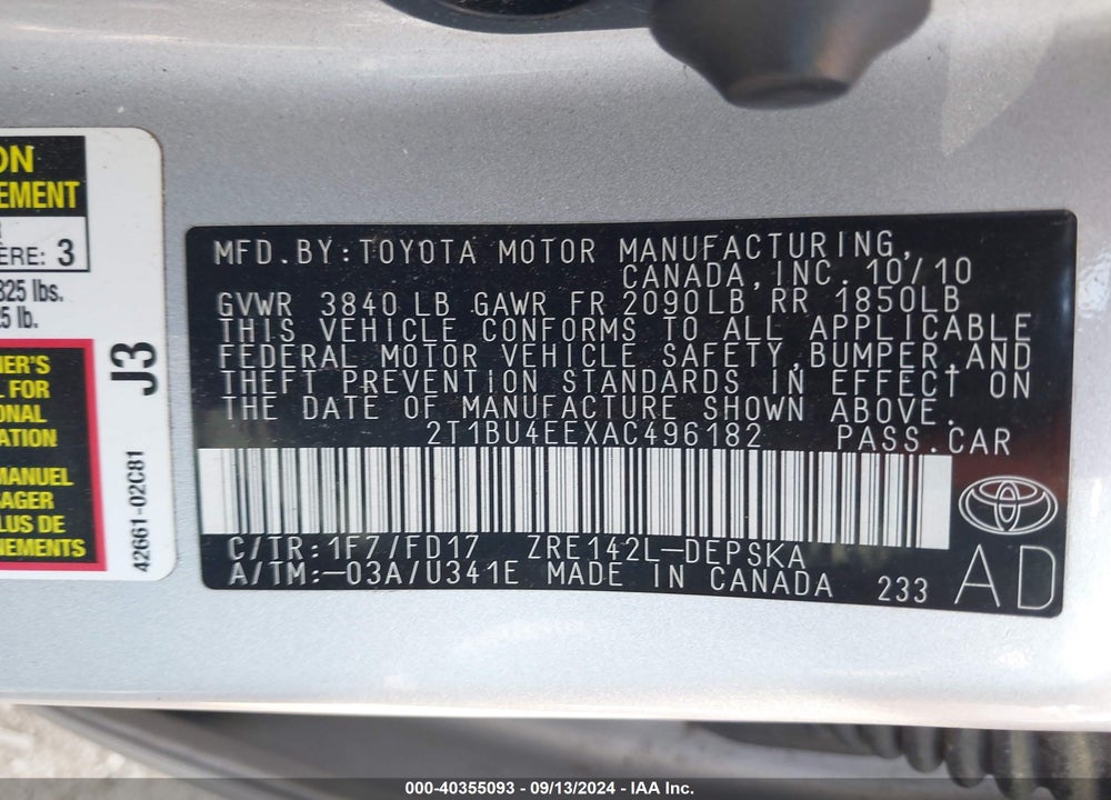 2010 TOYOTA COROLLA VIN: 2T1BU4EEXAC496182