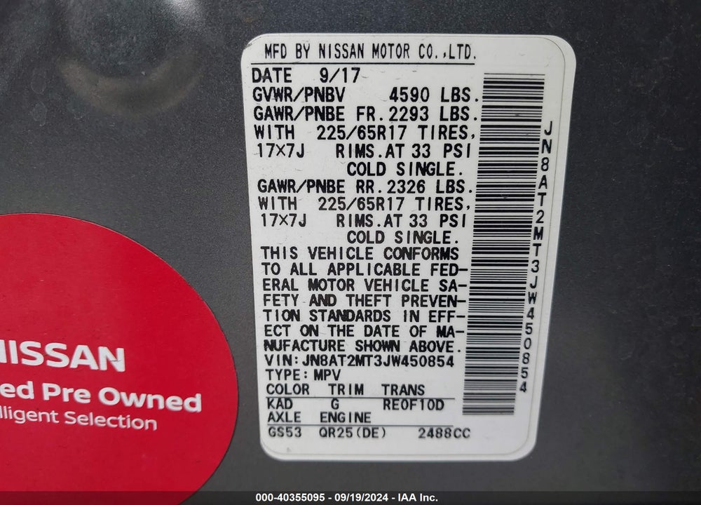 2018 NISSAN ROGUE SV VIN: JN8AT2MT3JW450854