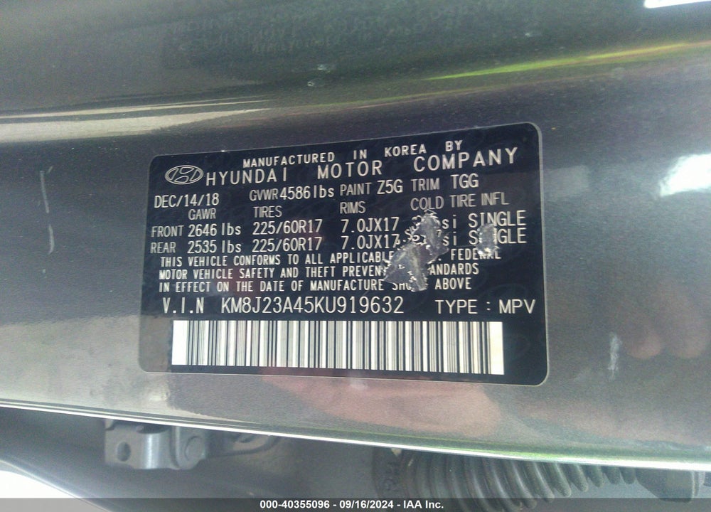 2019 HYUNDAI TUCSON SE VIN: KM8J23A45KU919632