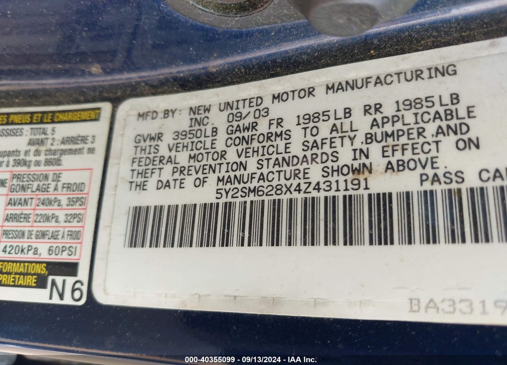 2004 PONTIAC VIBE VIN: 5Y2SM628X4Z431191