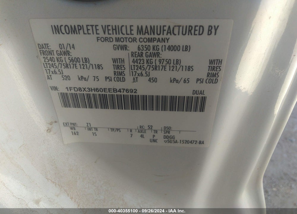 2014 FORD F-350 CHASSIS XL VIN: 1FD8X3H60EEB47692