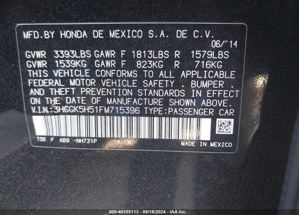 2015 HONDA FIT VIN: 3HGGK5H51FM715396