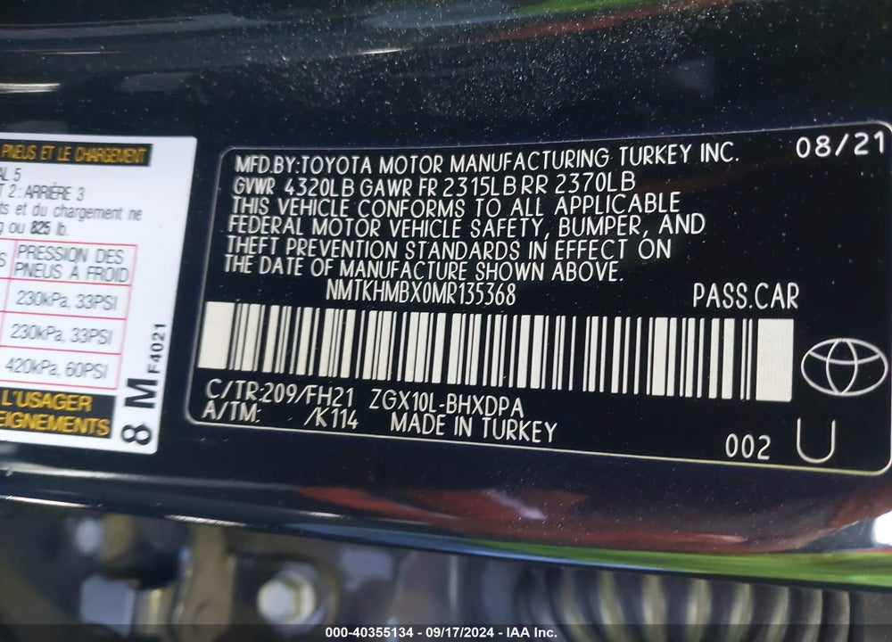 2021 TOYOTA C-HR LE VIN: NMTKHMBX0MR135368