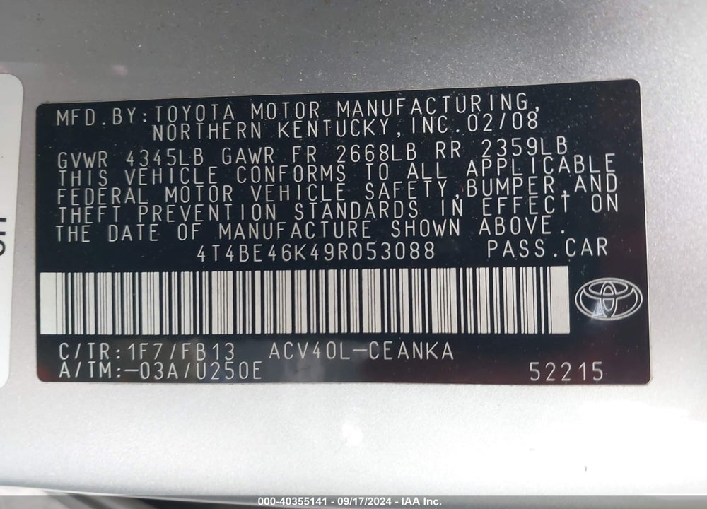 2009 TOYOTA CAMRY LE VIN: 4T4BE46K49R053088