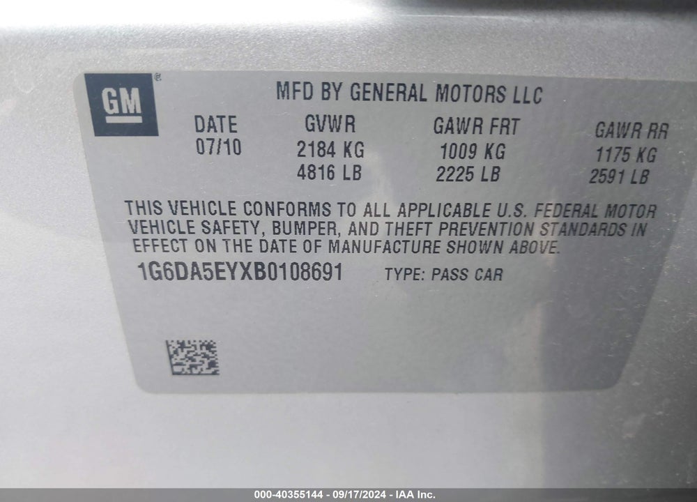 2011 CADILLAC CTS STANDARD VIN: 1G6DA5EYXB0108691