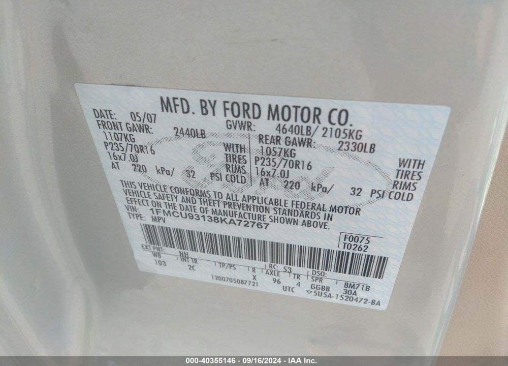 2008 FORD ESCAPE XLT VIN: 1FMCU93138KA72767