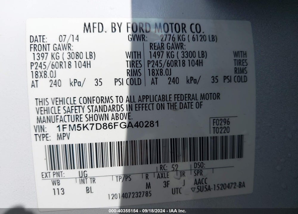 2015 FORD EXPLORER XLT VIN: 1FM5K7D86FGA40281