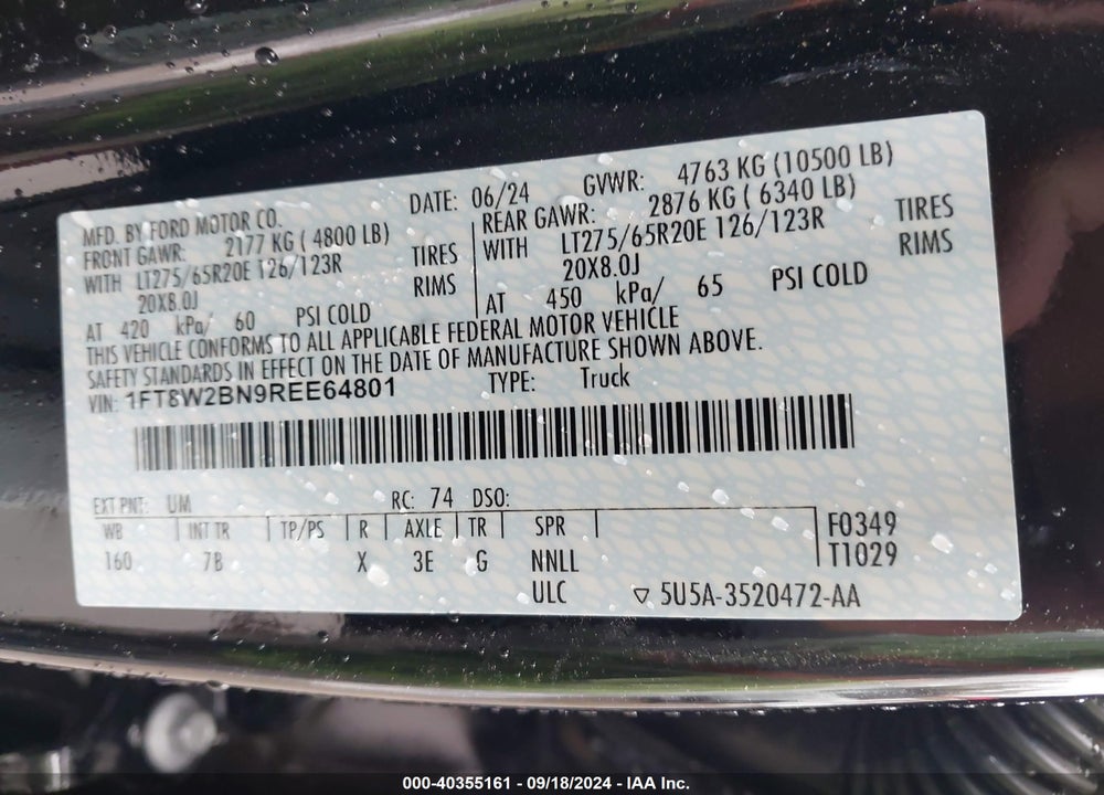2024 FORD F-250 PLATINUM VIN: 1FT8W2BN9REE64801