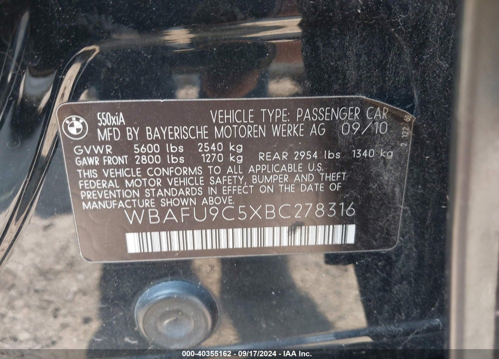 2011 BMW 550I XDRIVE VIN: WBAFU9C5XBC278316