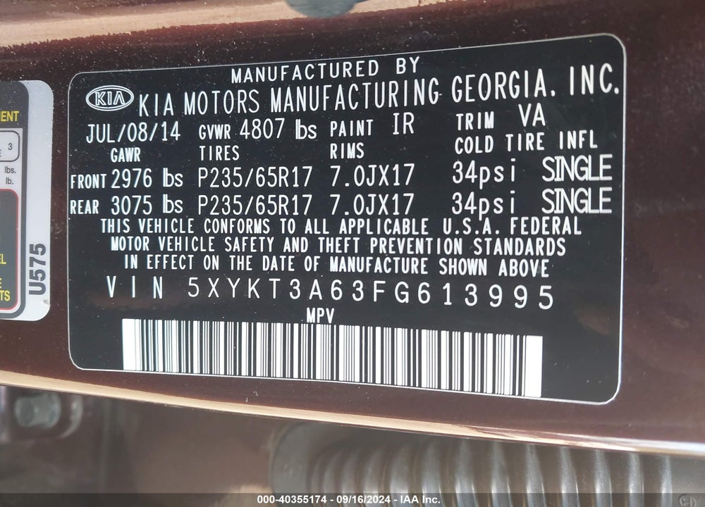 2015 KIA SORENTO LX VIN: 5XYKT3A63FG613995