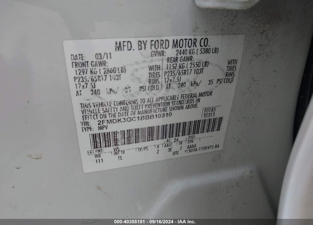 2011 FORD EDGE SE VIN: 2FMDK3GC1BBB10310
