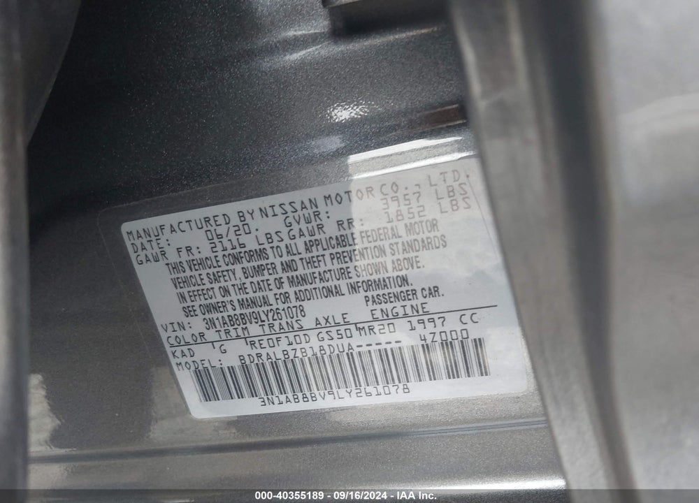 2020 NISSAN SENTRA S XTRONIC CVT VIN: 3N1AB8BV9LY261078