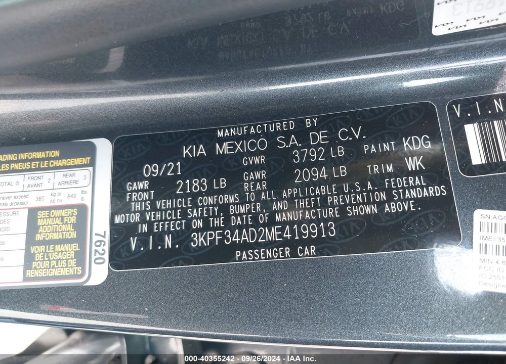 2021 KIA FORTE VIN: 3KPF34AD2ME419913