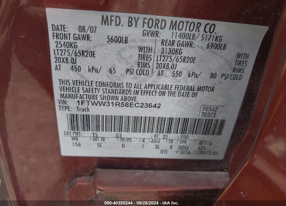 2008 FORD F-350 KING RANCH VIN: 1FTWW31R58EC23642