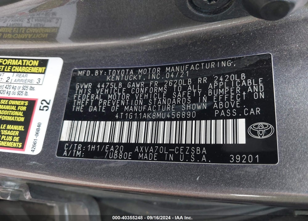 2021 TOYOTA CAMRY SE VIN: 4T1G11AK8MU456890