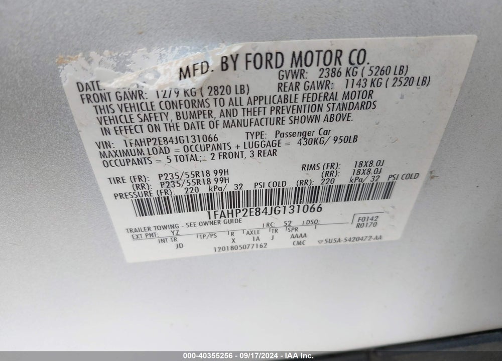 2018 FORD TAURUS SEL VIN: 1FAHP2E84JG131066
