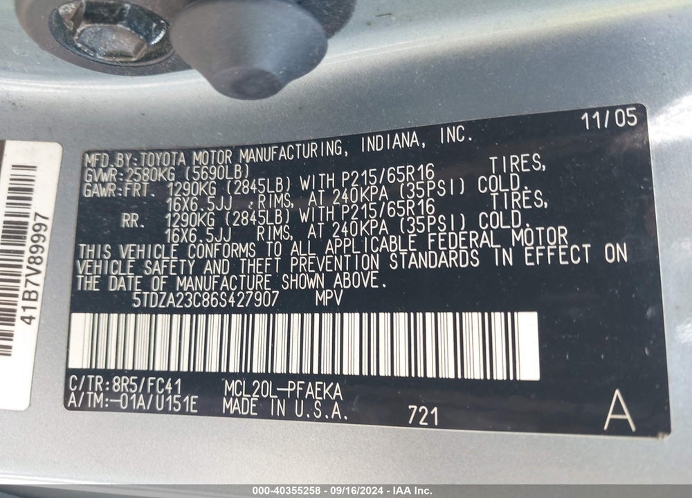 2006 TOYOTA SIENNA LE VIN: 5TDZA23C86S427907