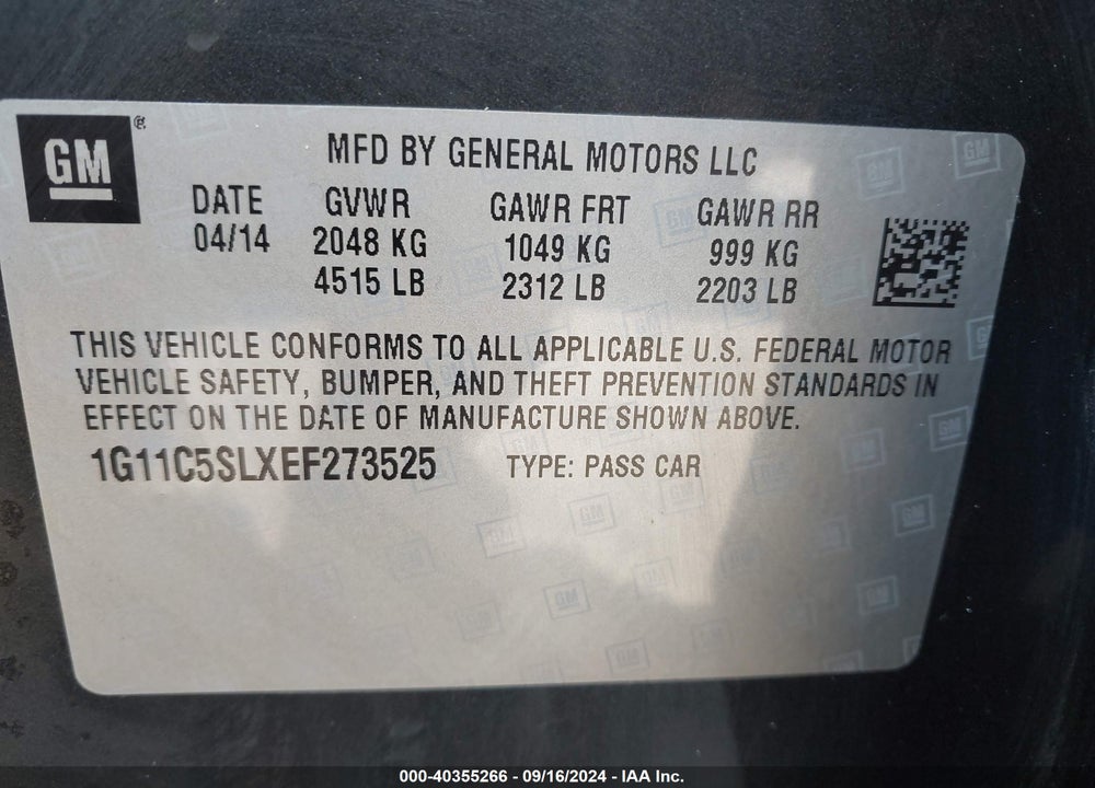 2014 CHEVROLET MALIBU 1LT VIN: 1G11C5SLXEF273525