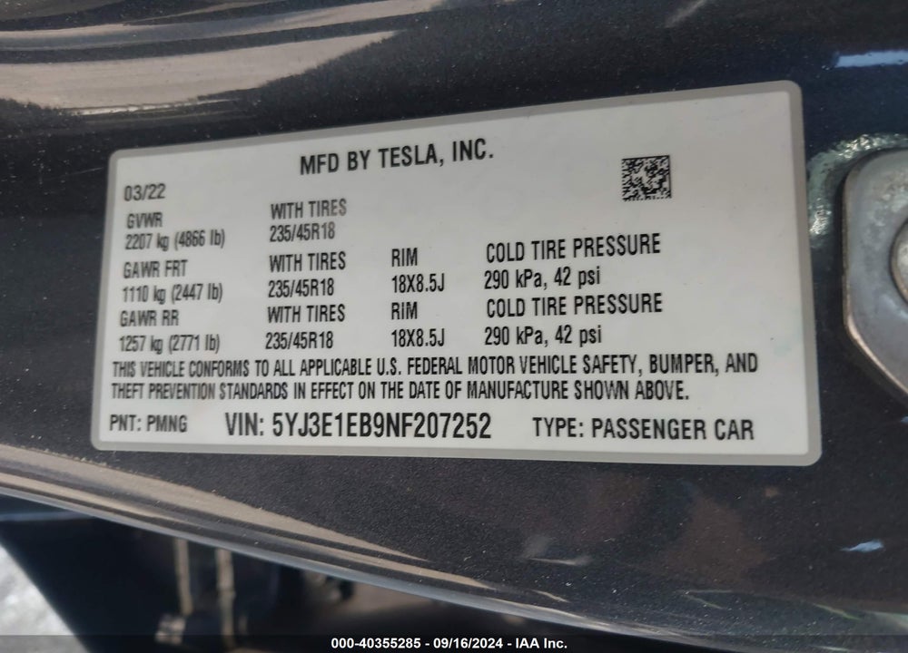 2022 TESLA MODEL 3 LONG RANGE DUAL MOTOR ALL-WHEEL DRIVE VIN: 5YJ3E1EB9NF207252