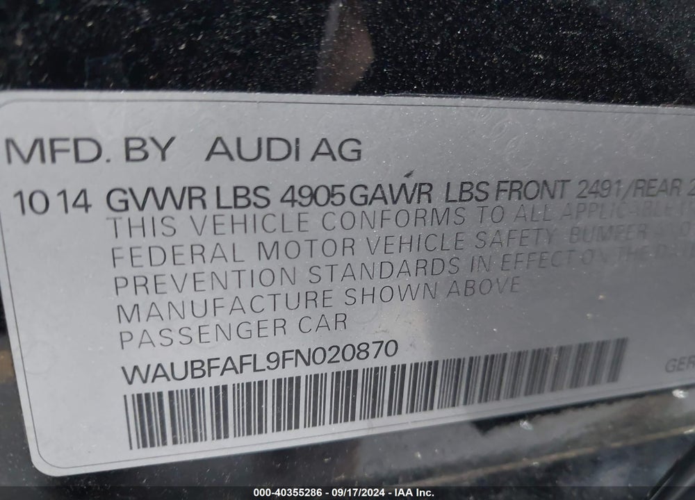 2015 AUDI A4 2.0T PREMIUM VIN: WAUBFAFL9FN020870