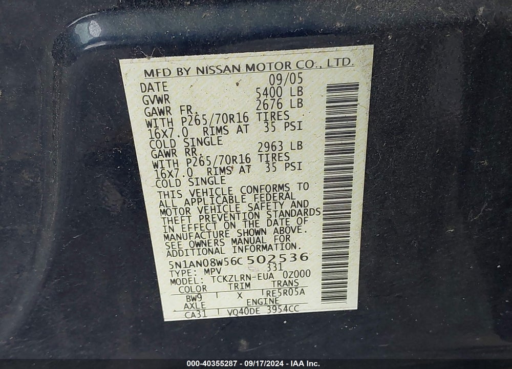2006 NISSAN XTERRA S VIN: 5N1AN08W56C502536