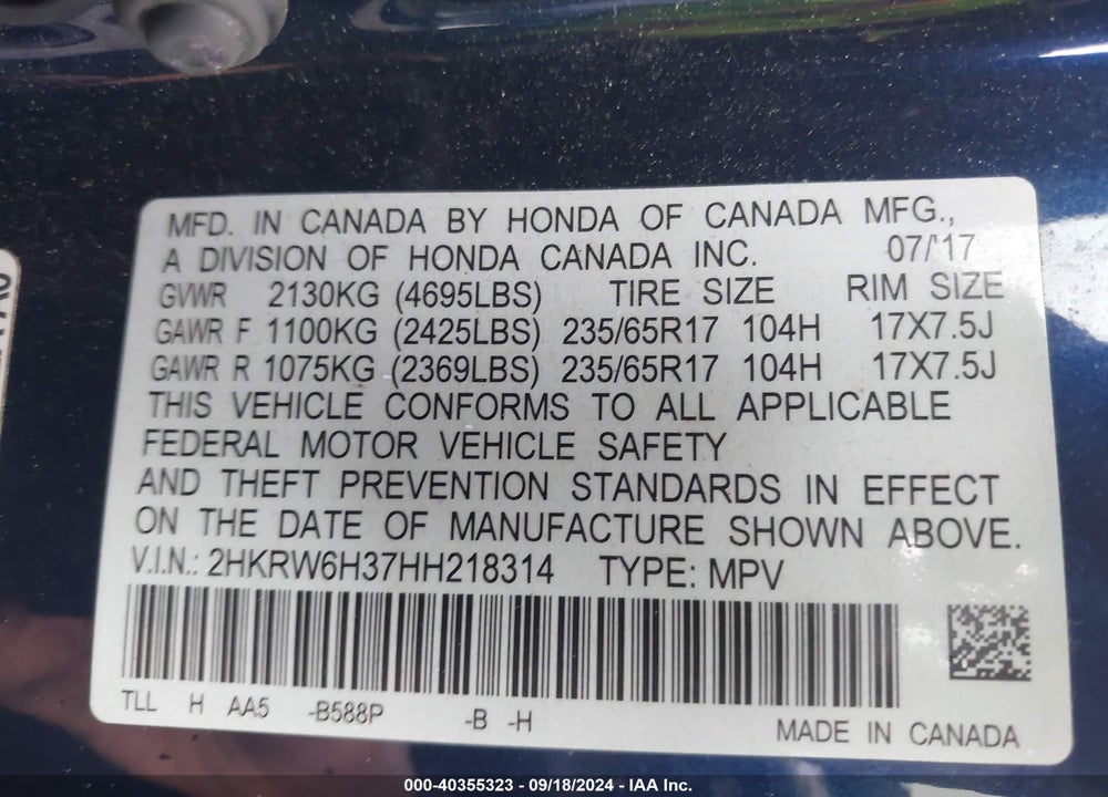 2017 HONDA CR-V LX VIN: 2HKRW6H37HH218314