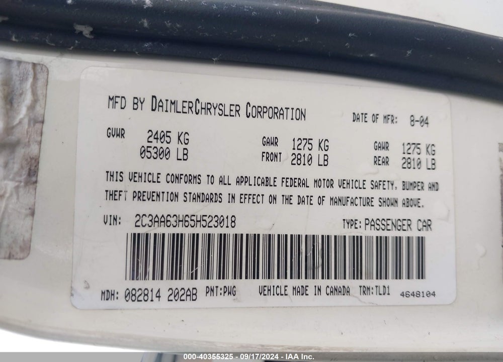 2005 CHRYSLER 300C VIN: 2C3AA63H65H523018