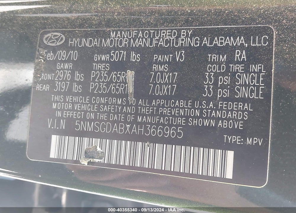 2010 HYUNDAI SANTA FE GLS VIN: 5NMSGDABXAH366965