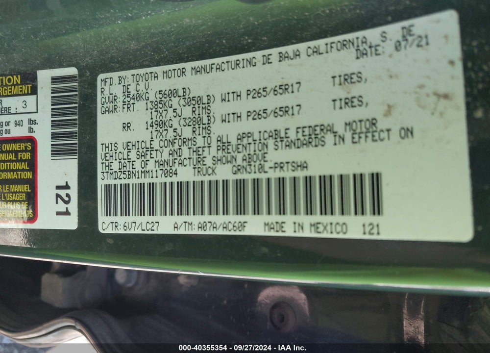 2021 TOYOTA TACOMA TRD SPORT VIN: 3TMDZ5BN1MM117084