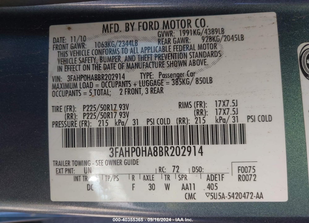 2011 FORD FUSION SE VIN: 3FAHP0HA8BR202914