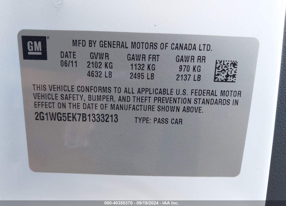 2011 CHEVROLET IMPALA LT VIN: 2G1WG5EK7B1333213