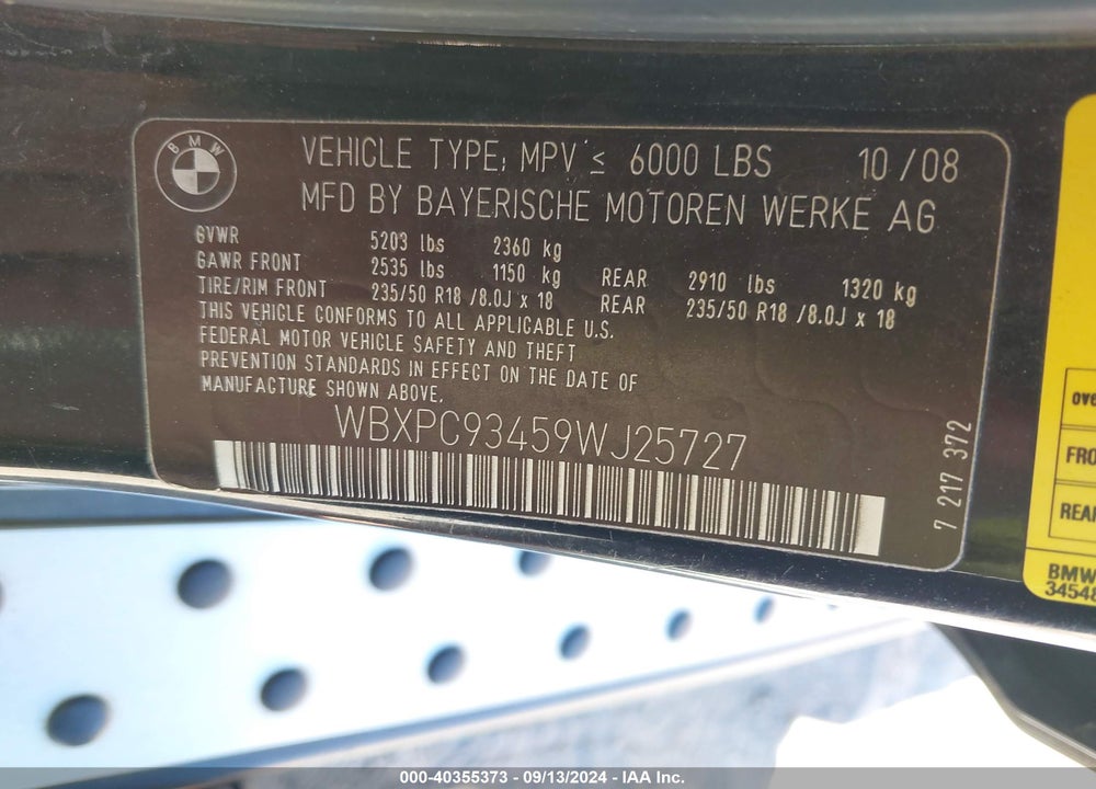 2009 BMW X3 XDRIVE30I VIN: WBXPC93459WJ25727