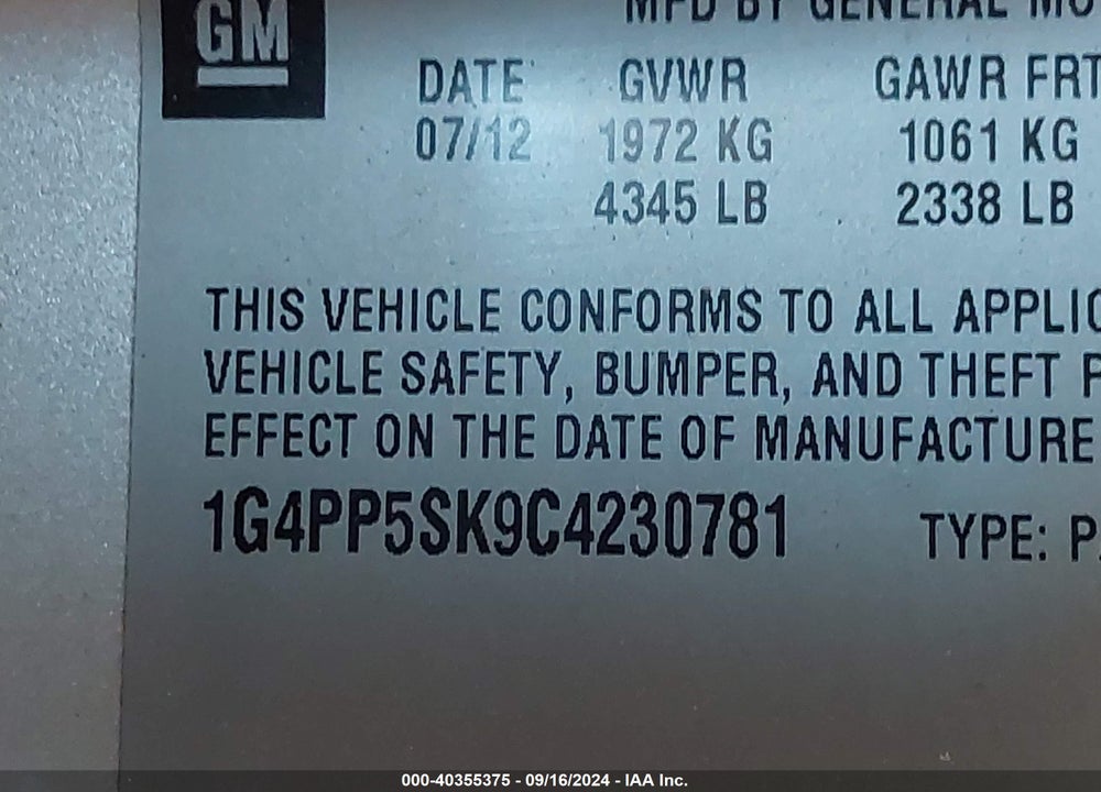 2012 BUICK VERANO VIN: 1G4PP5SK9C4230781