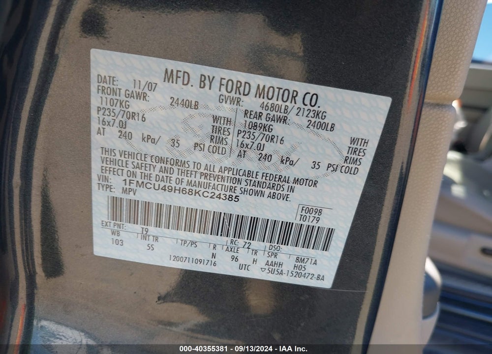 2008 FORD ESCAPE HYBRID VIN: 1FMCU49H68KC24385