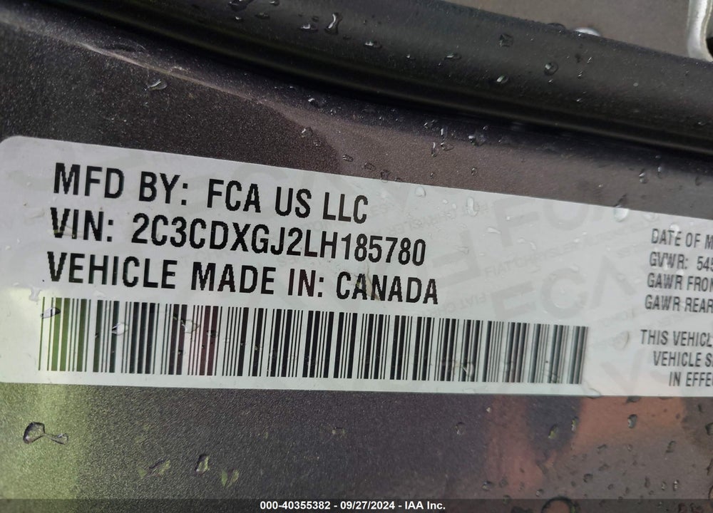 2020 DODGE CHARGER SCAT PACK RWD VIN: 2C3CDXGJ2LH185780