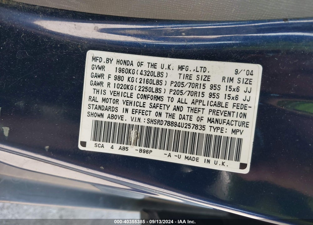 2004 HONDA CR-V EX VIN: SHSRD78894U257835