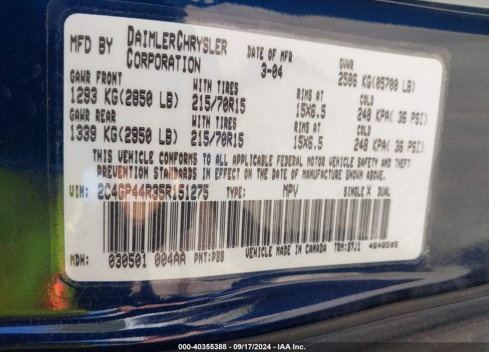 2005 CHRYSLER TOWN & COUNTRY LX VIN: 2C4GP44R35R151275