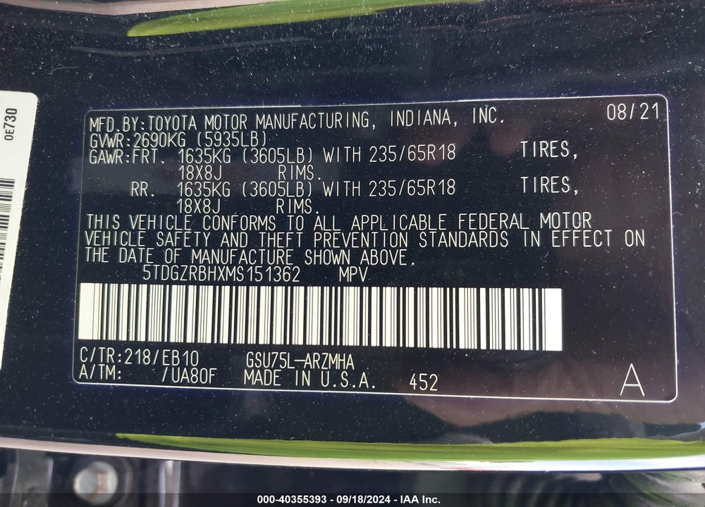 2021 TOYOTA HIGHLANDER XLE VIN: 5TDGZRBHXMS151362