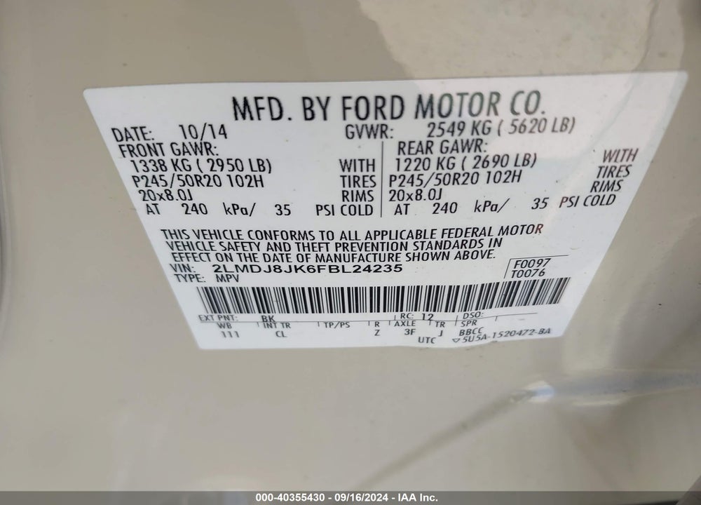 2015 LINCOLN MKX VIN: 2LMDJ8JK6FBL24235
