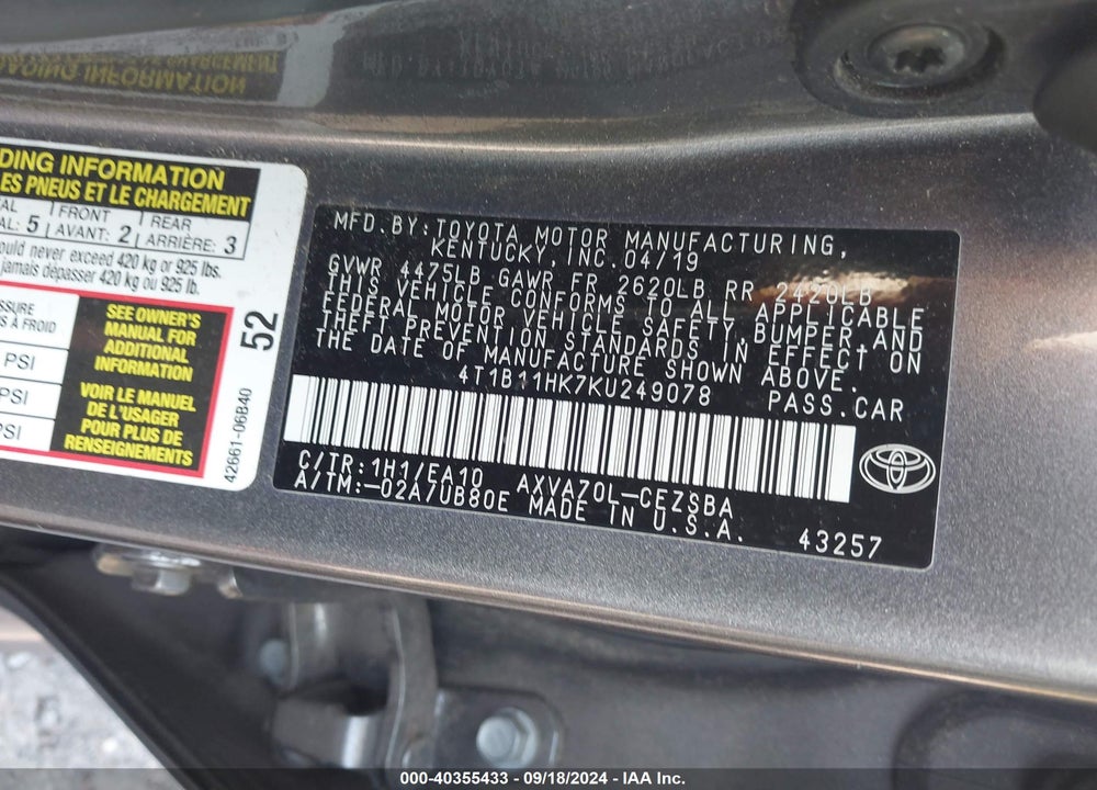 2019 TOYOTA CAMRY SE VIN: 4T1B11HK7KU249078